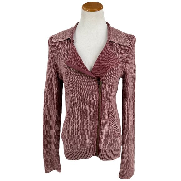 Free People Mauve Knit Sweater Cardigan Moto Jacket | Boho Coastal Grandmother M - Picture 13 of 16